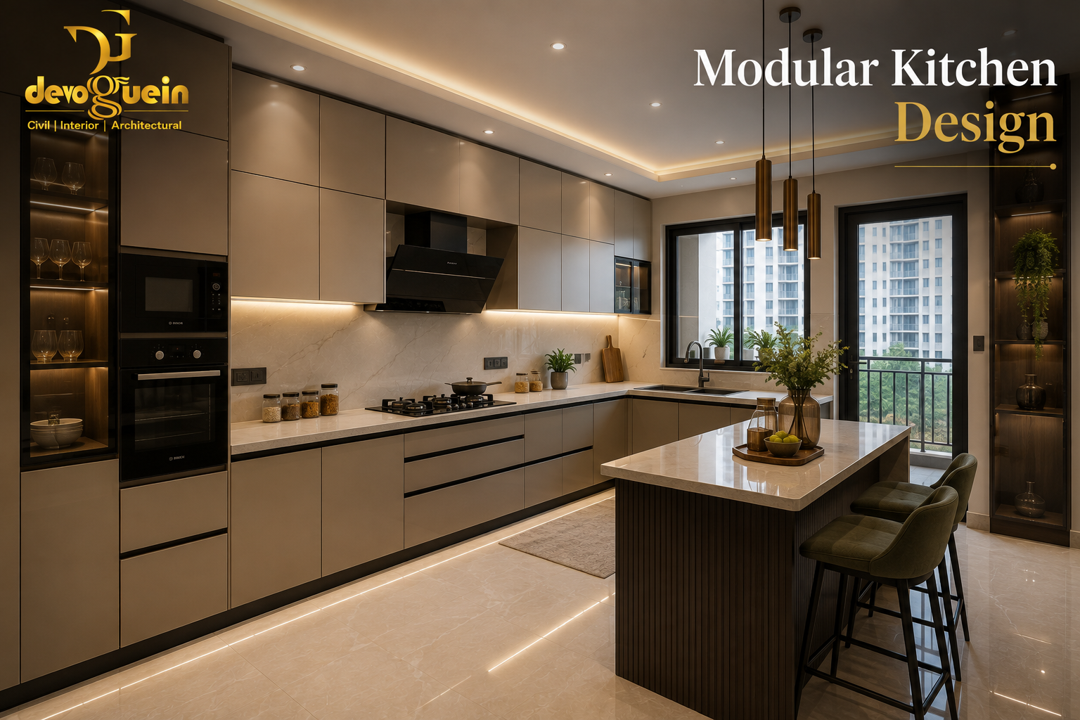 Modular kitchen design project in Noida Extension by Devoguein