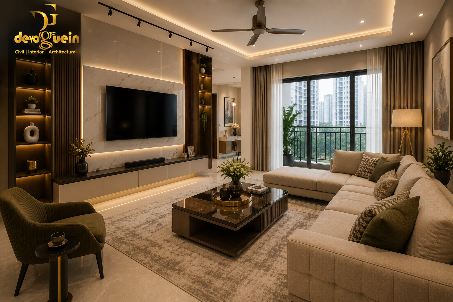 Living room interior design project in Noida Extension by Devoguein