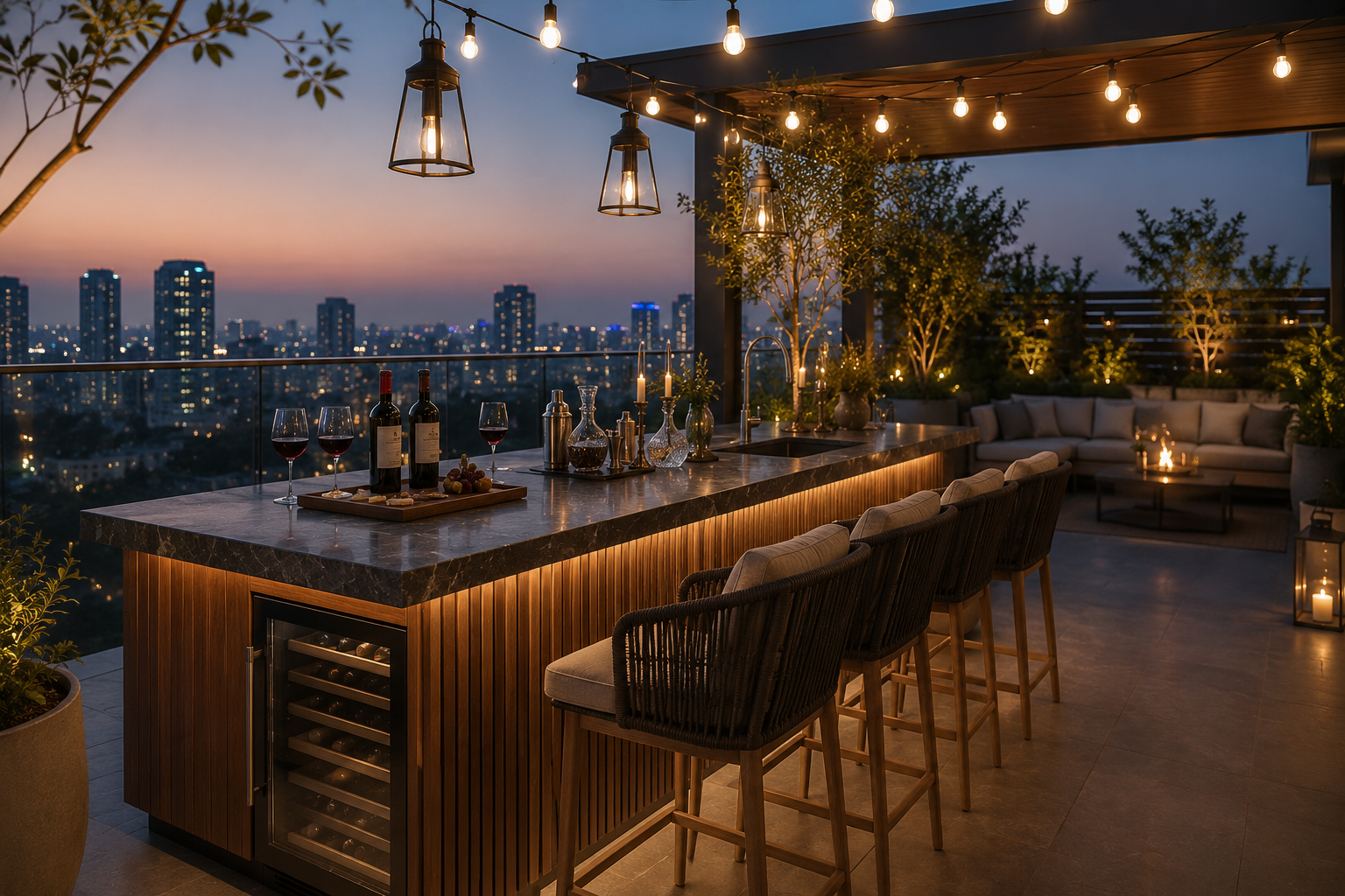 Signature modern bar interior design in Noida Extension by Devoguein, backlit feature bar