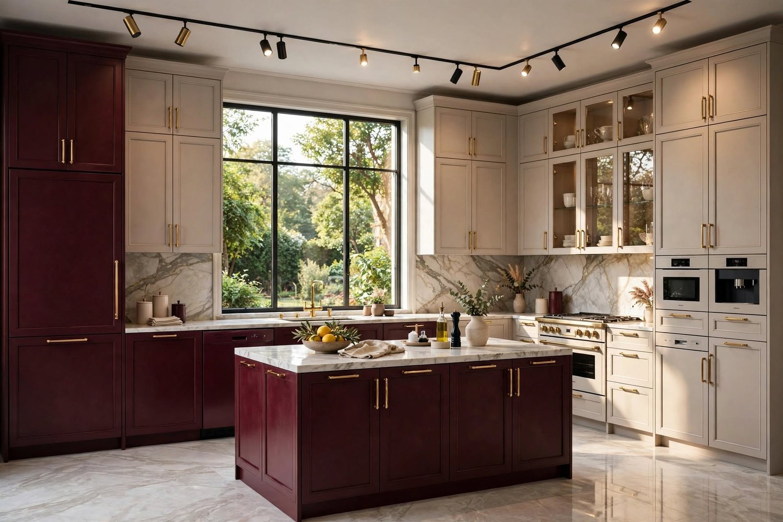 Burgundy and greige modular kitchen interior design by Devoguein