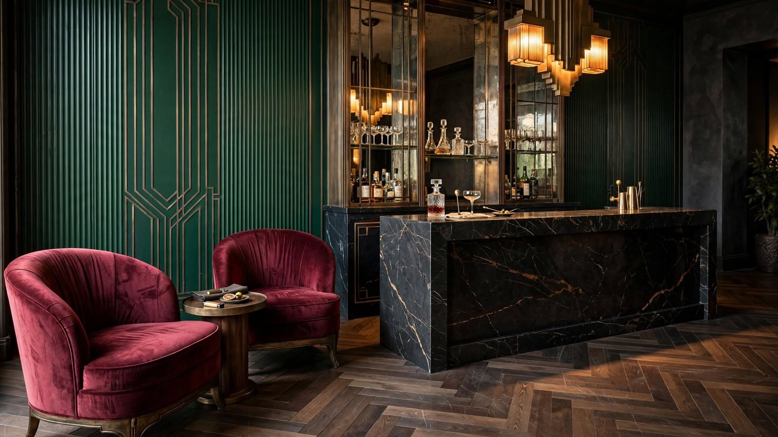 Emerald art deco bar lounge interior design in Noida Extension by Devoguein