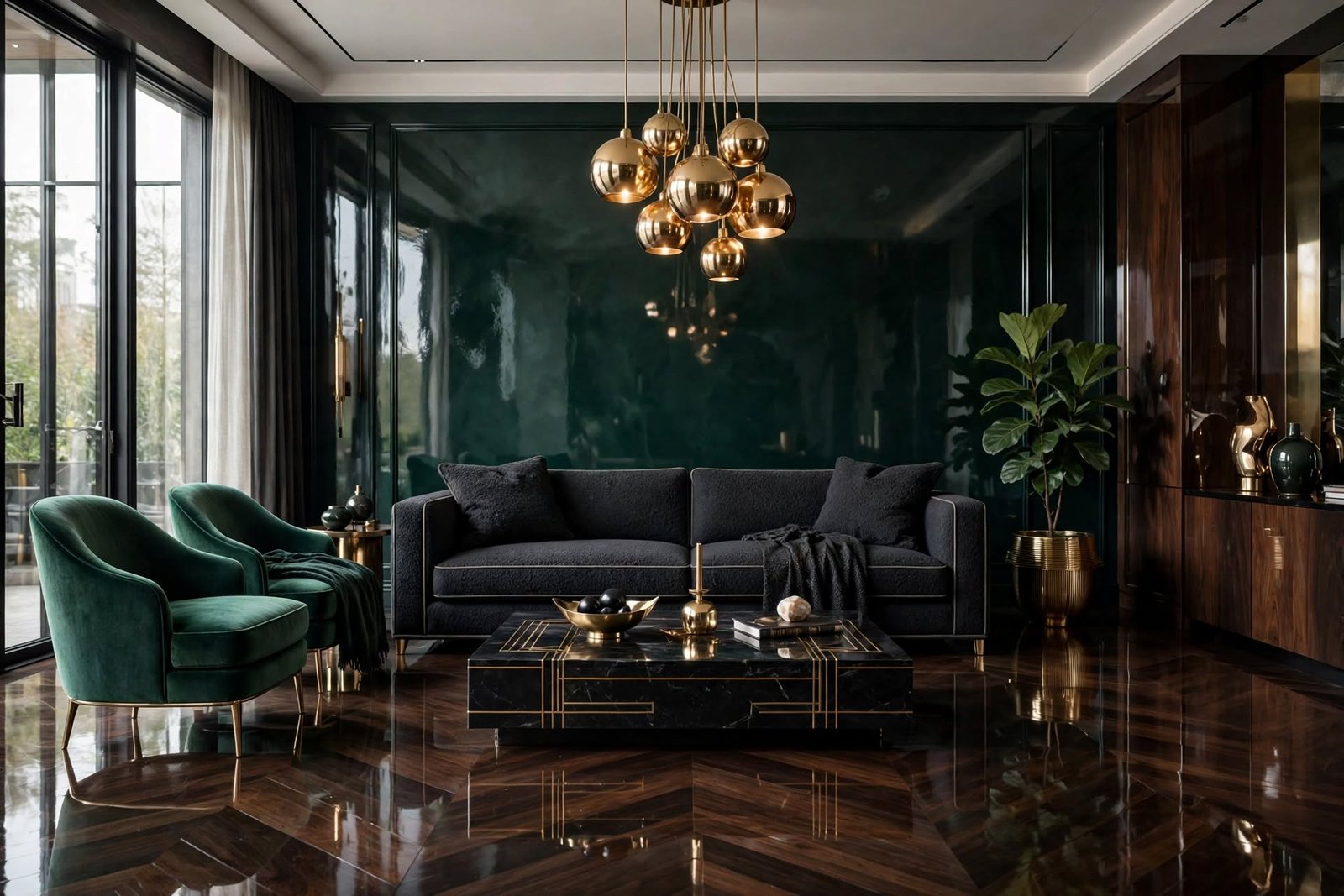 Emerald and charcoal living room interior design by Devoguein in Greater Noida West