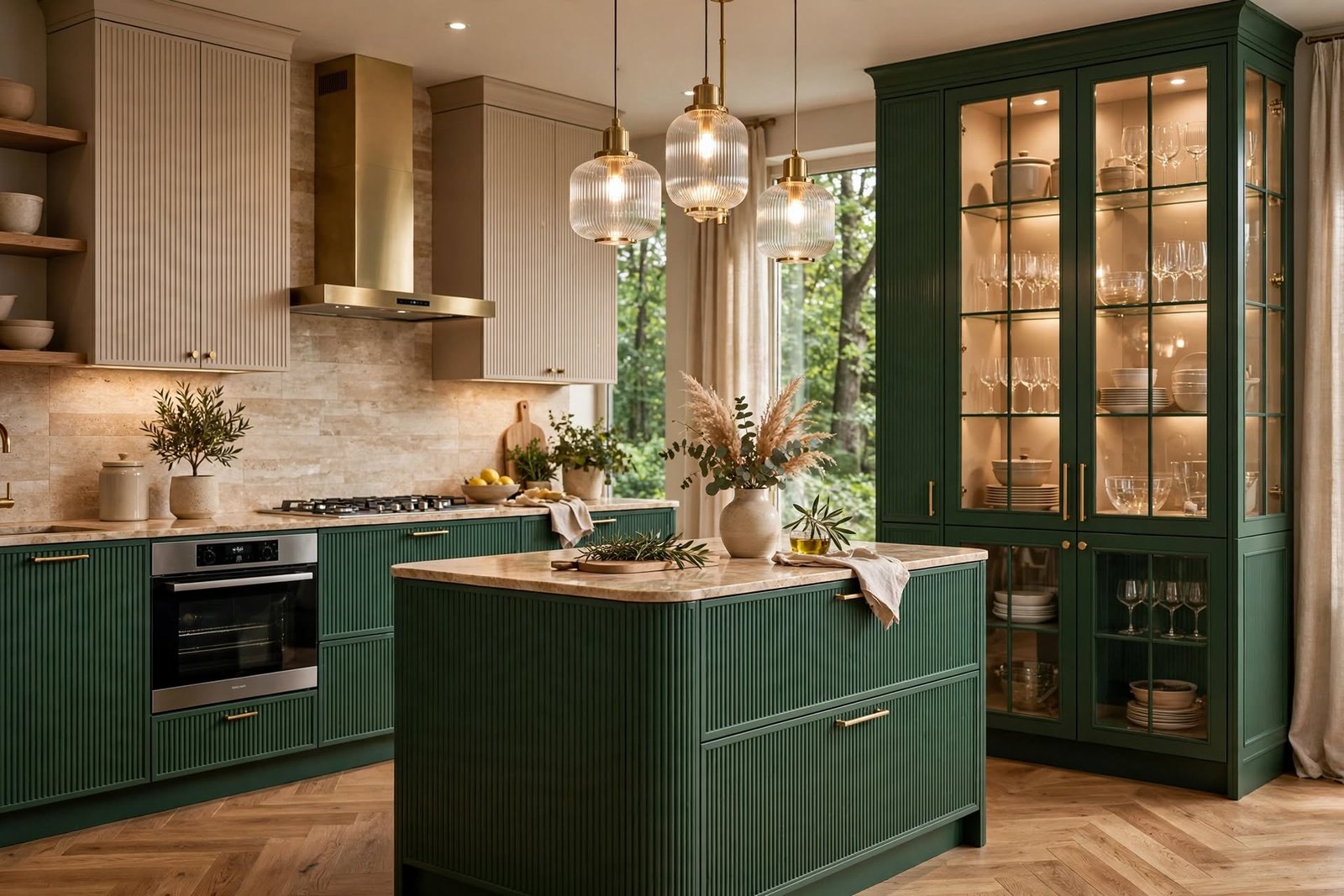 Forest green modular kitchen interior design in Noida Extension by Devoguein