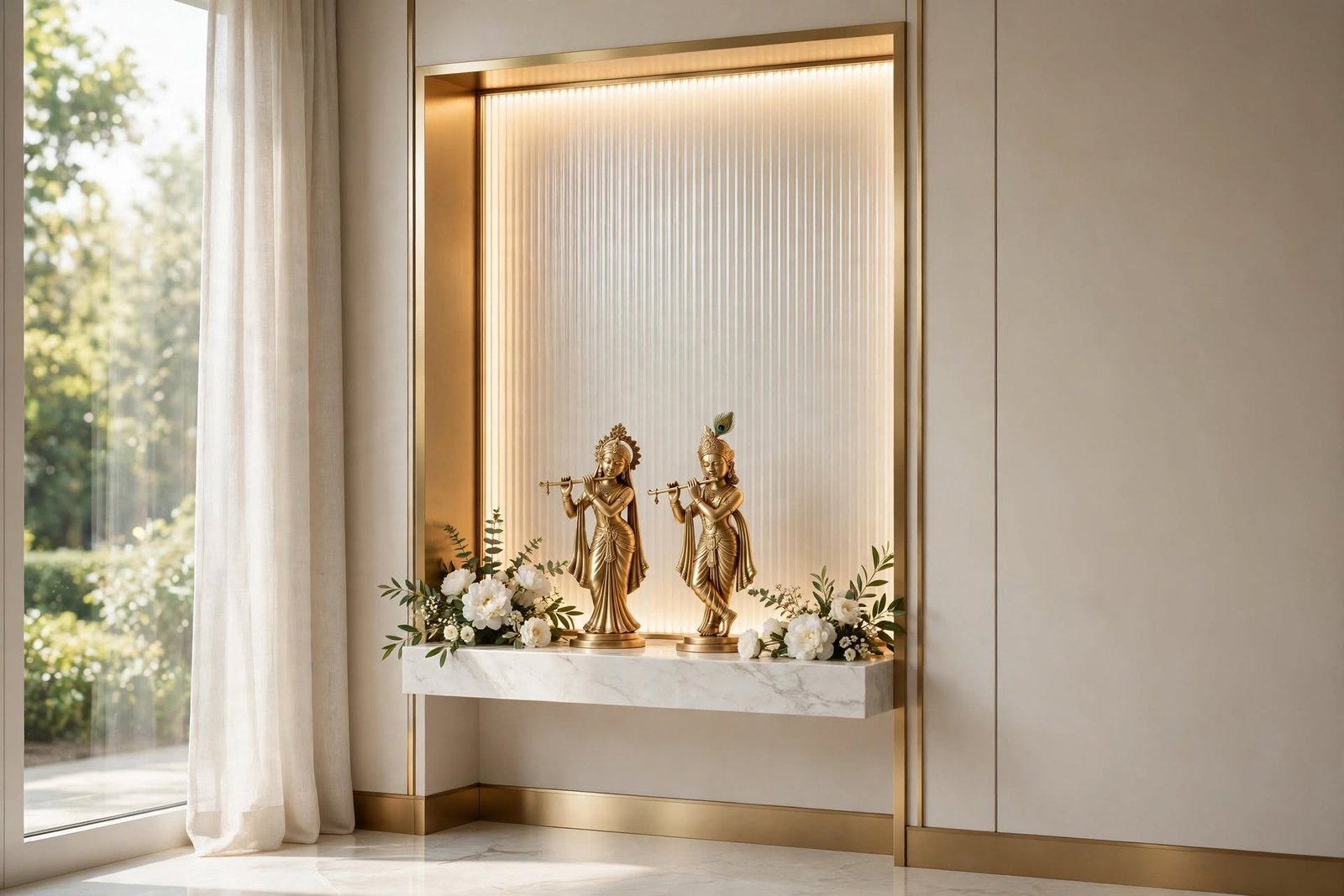 Glass and brass temple nook interior design by Devoguein in Greater Noida West