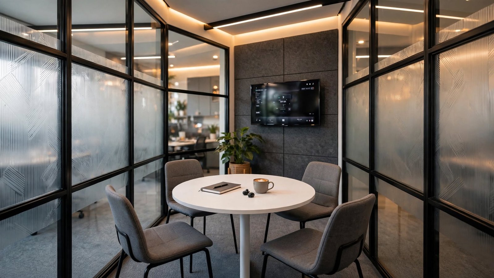 Office huddle room interior design project in Greater Noida West by Devoguein