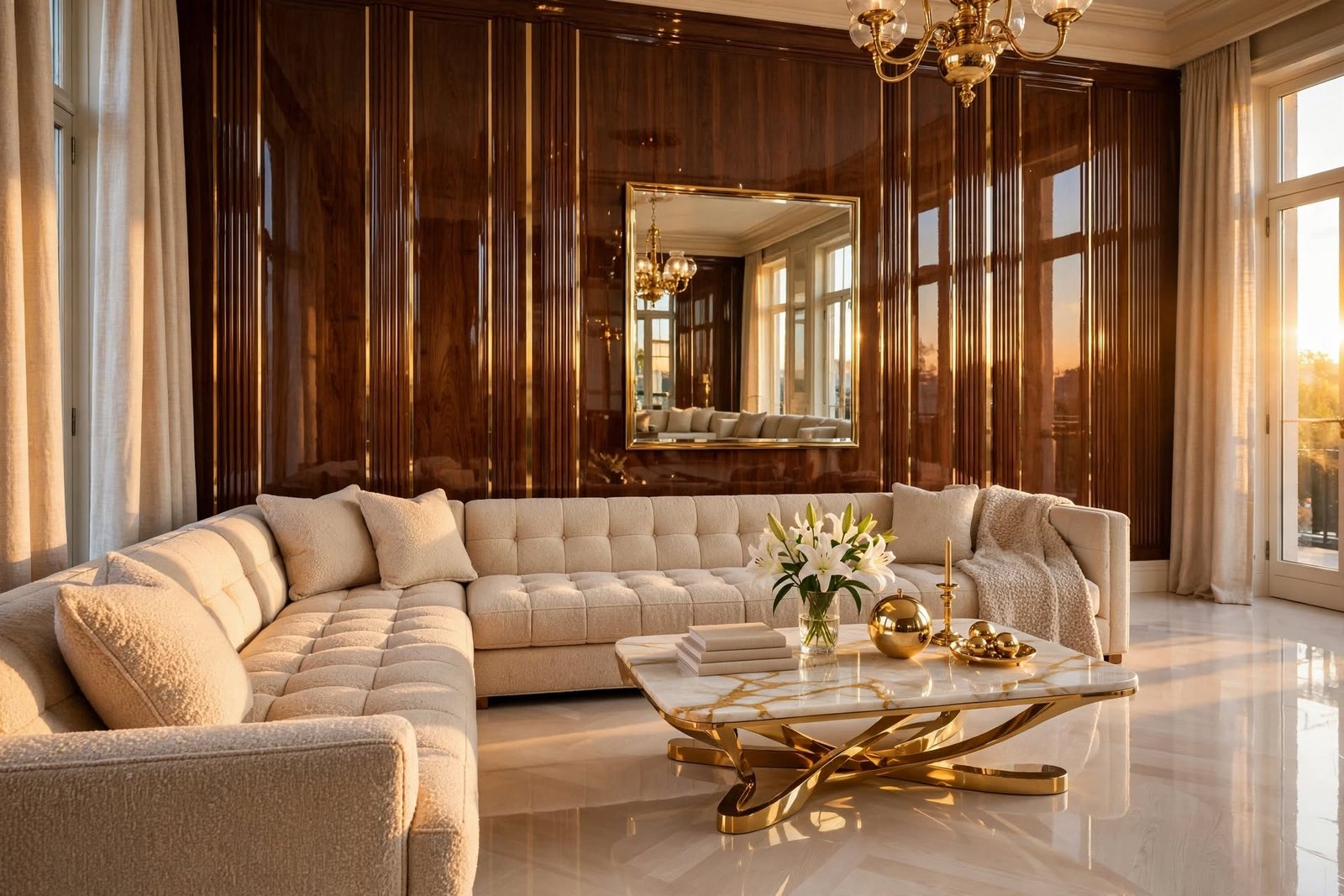 Luxurious walnut living room interior design by Devoguein in Noida Extension