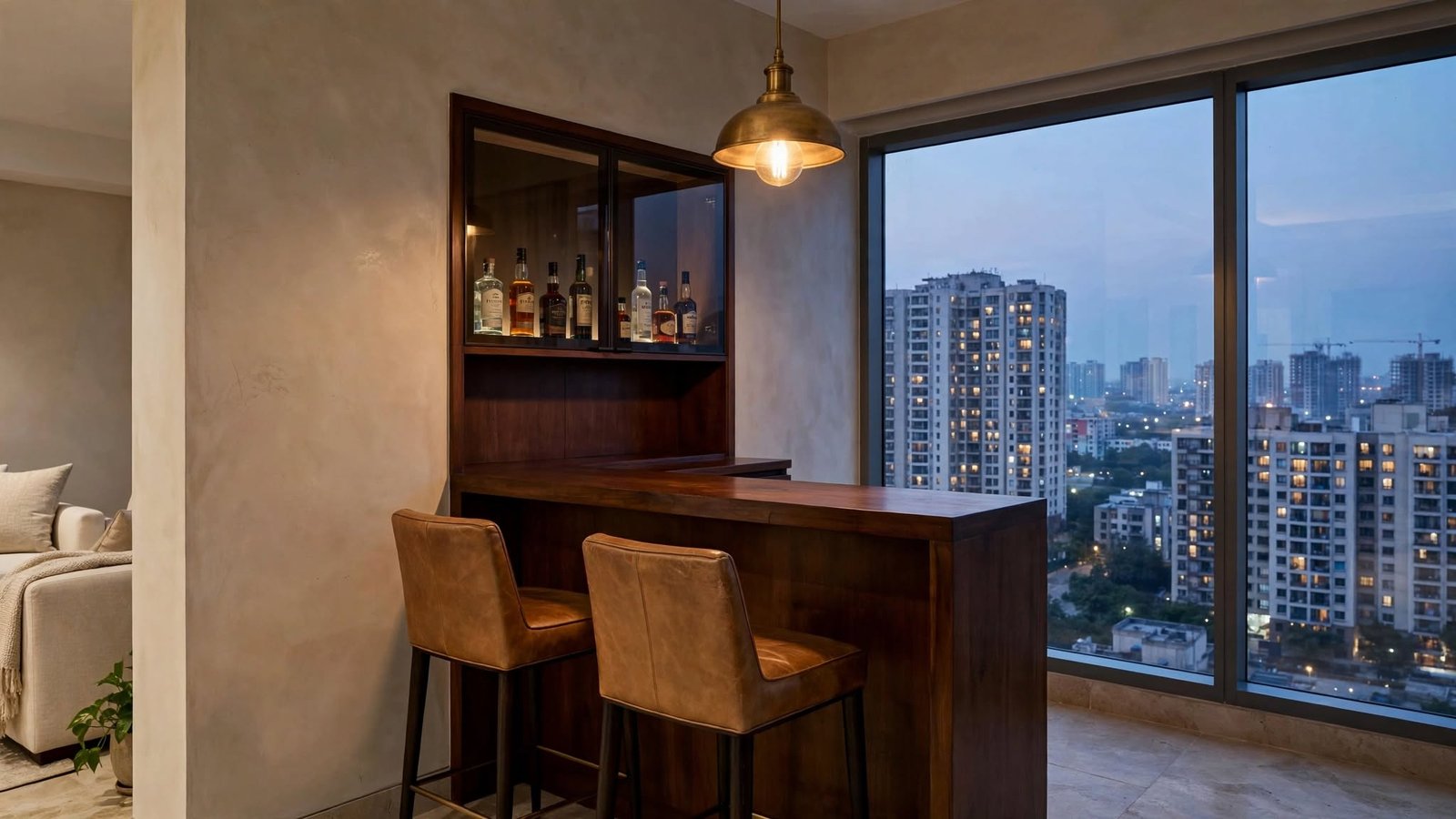 Luxury apartment bar design evening lighting in Noida by Devoguein