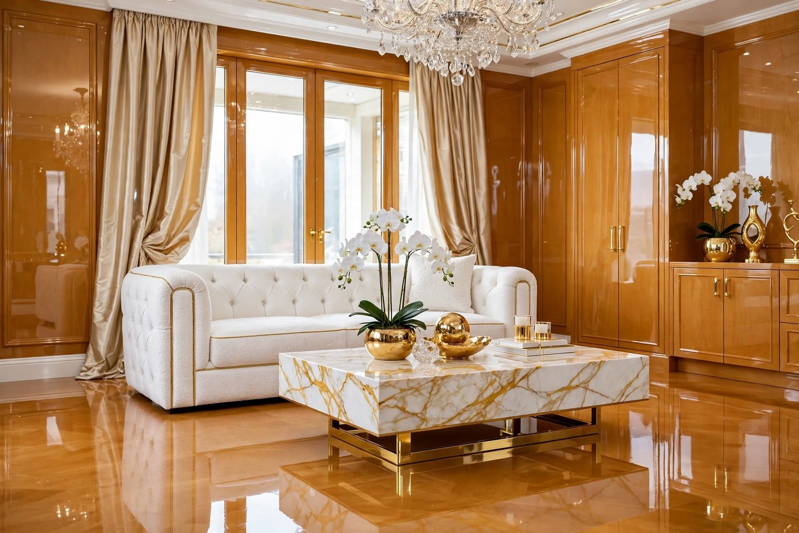 Luxury glam living room interior design by Devoguein in Noida