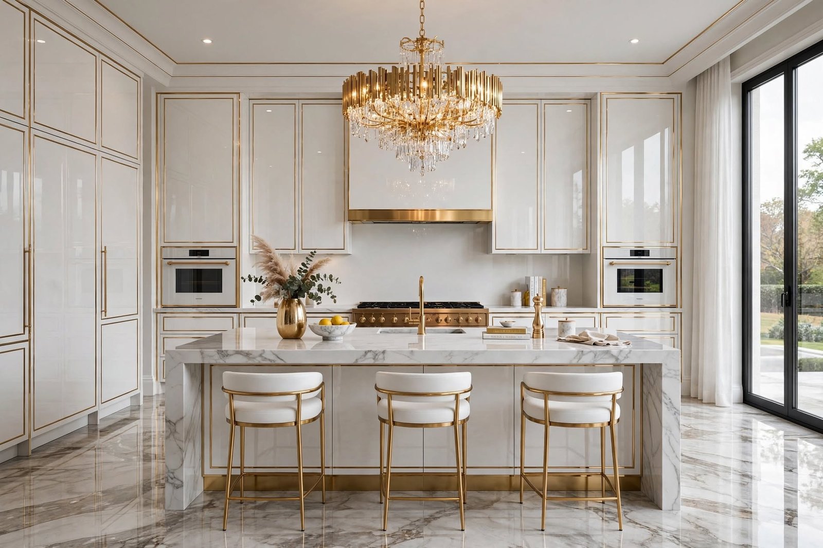 Luxury white and gold modular kitchen design in Noida Extension by Devoguein