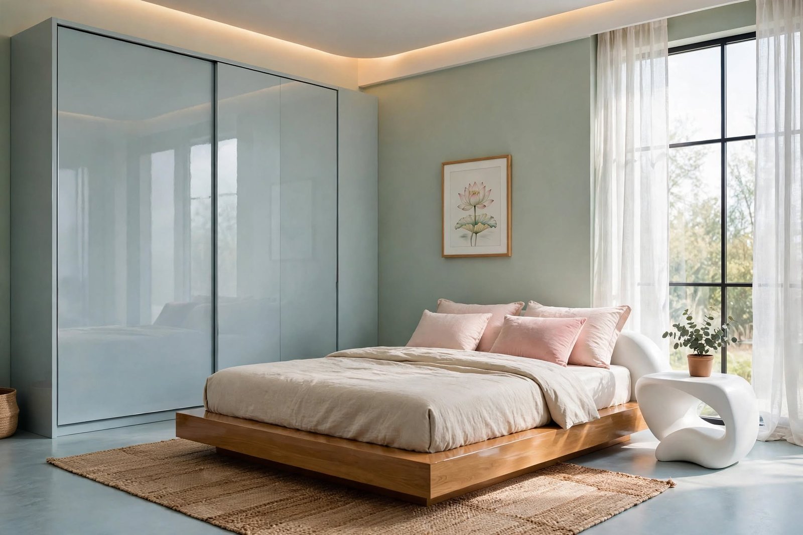 Modern sunlit master bedroom interior design by Devoguein in Noida