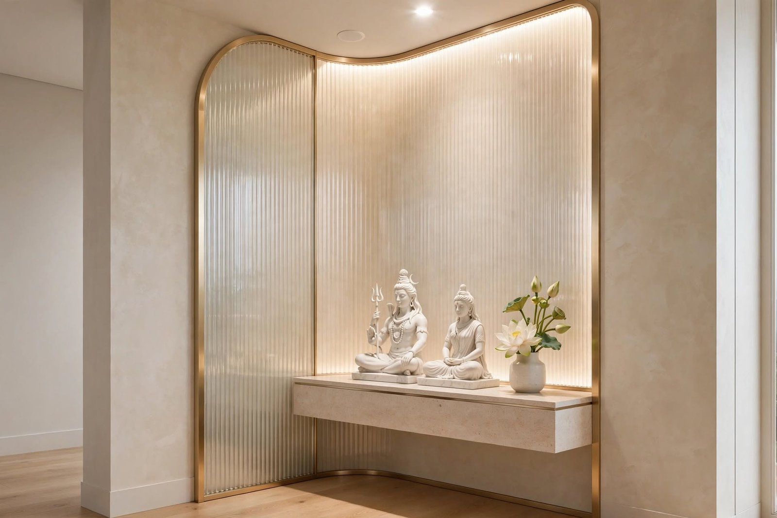 Modern minimal temple nook design by Devoguein in Noida Extension
