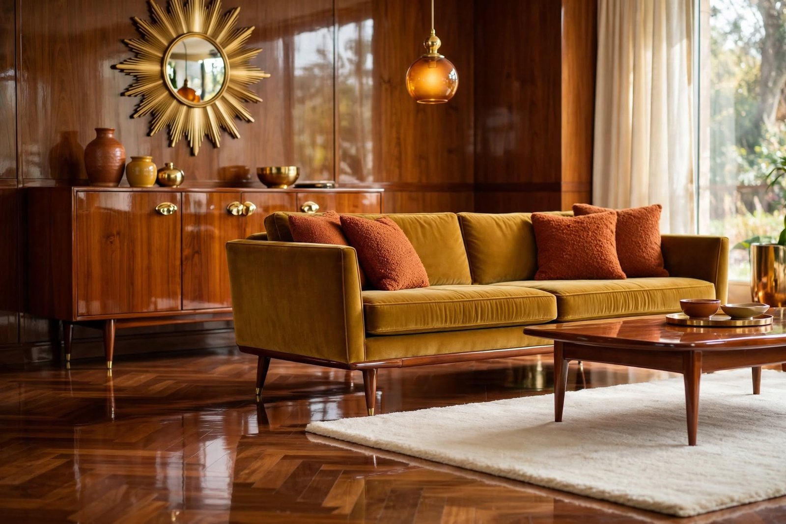 Mustard and rust living room interior design by Devoguein in Noida Extension