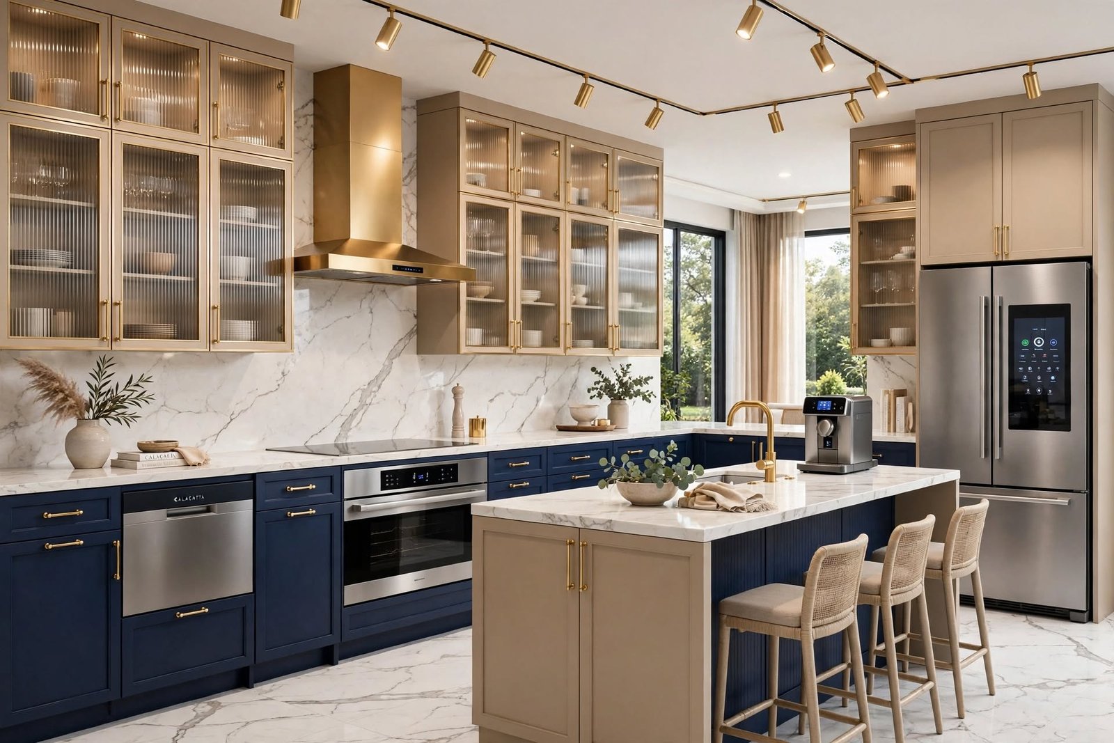 Navy and beige modular kitchen design in Noida Extension by Devoguein
