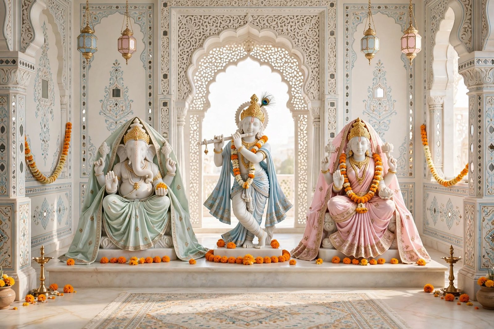 Rajasthani marble temple design with hand carved sculptures by Devoguein