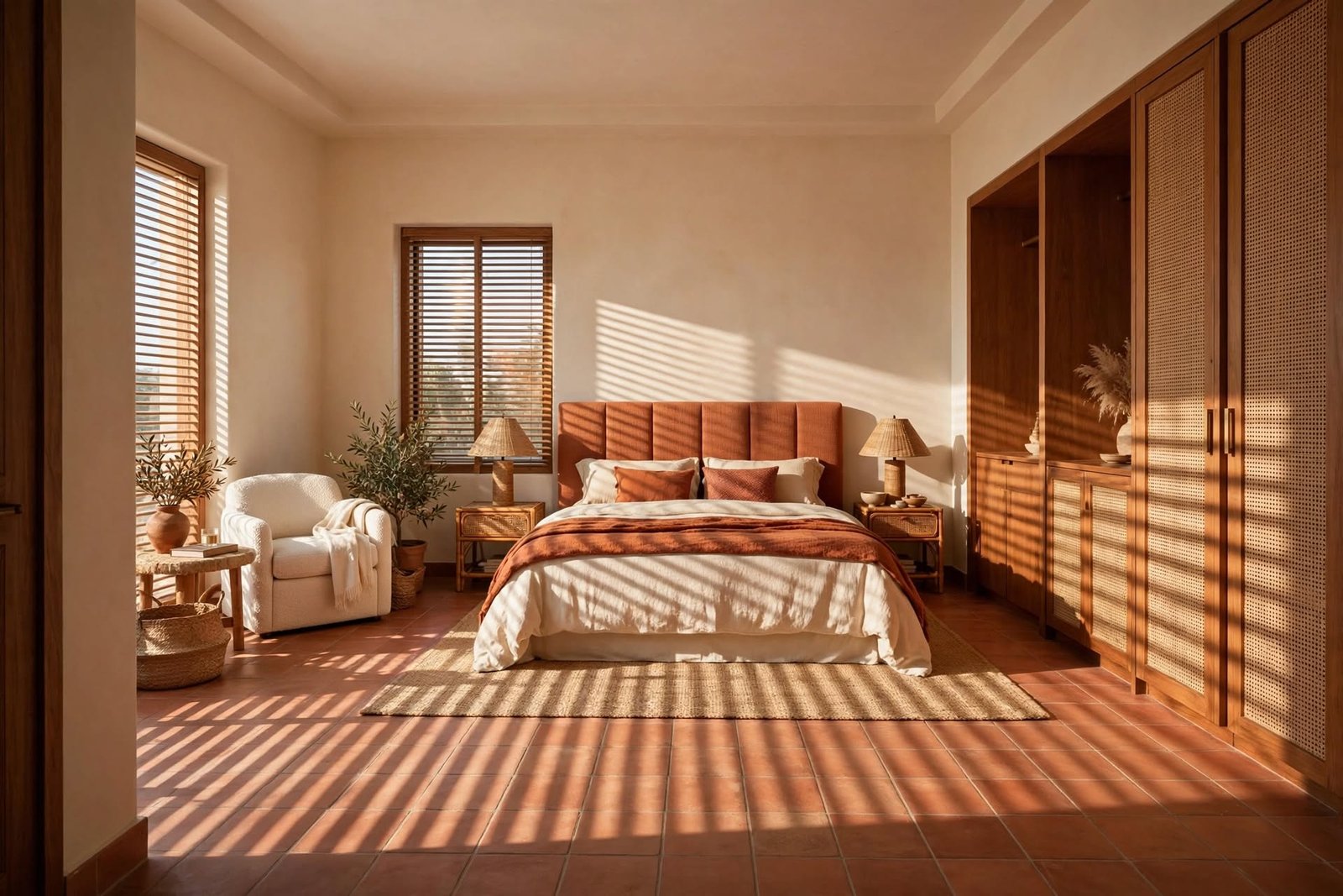 Terracotta master bedroom interior design by Devoguein in Noida Extension