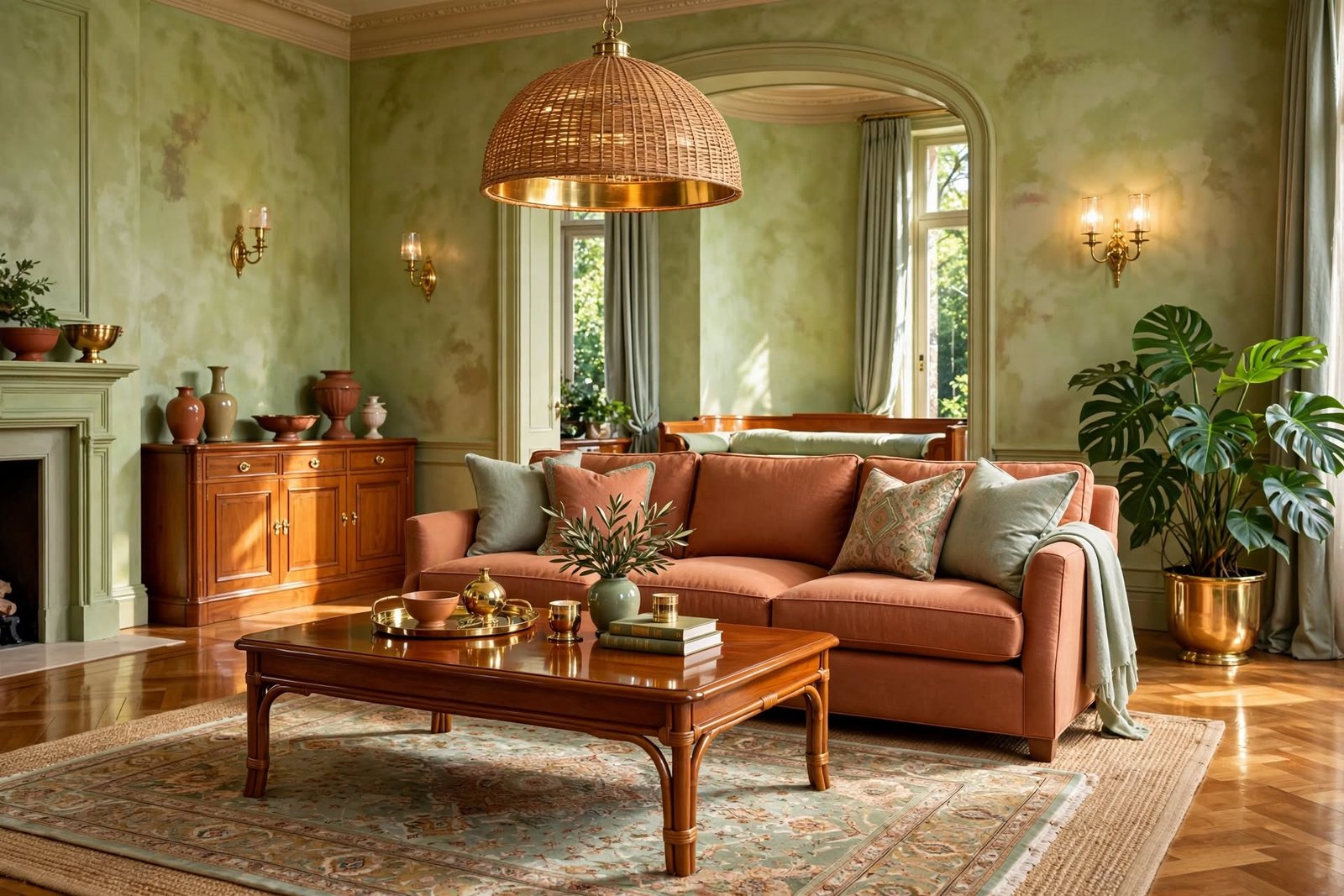 Terracotta and sage living room interior design by Devoguein in Noida Extension