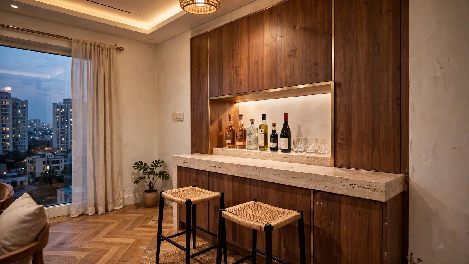 Walnut bar dining corner interior design in Greater Noida West by Devoguein