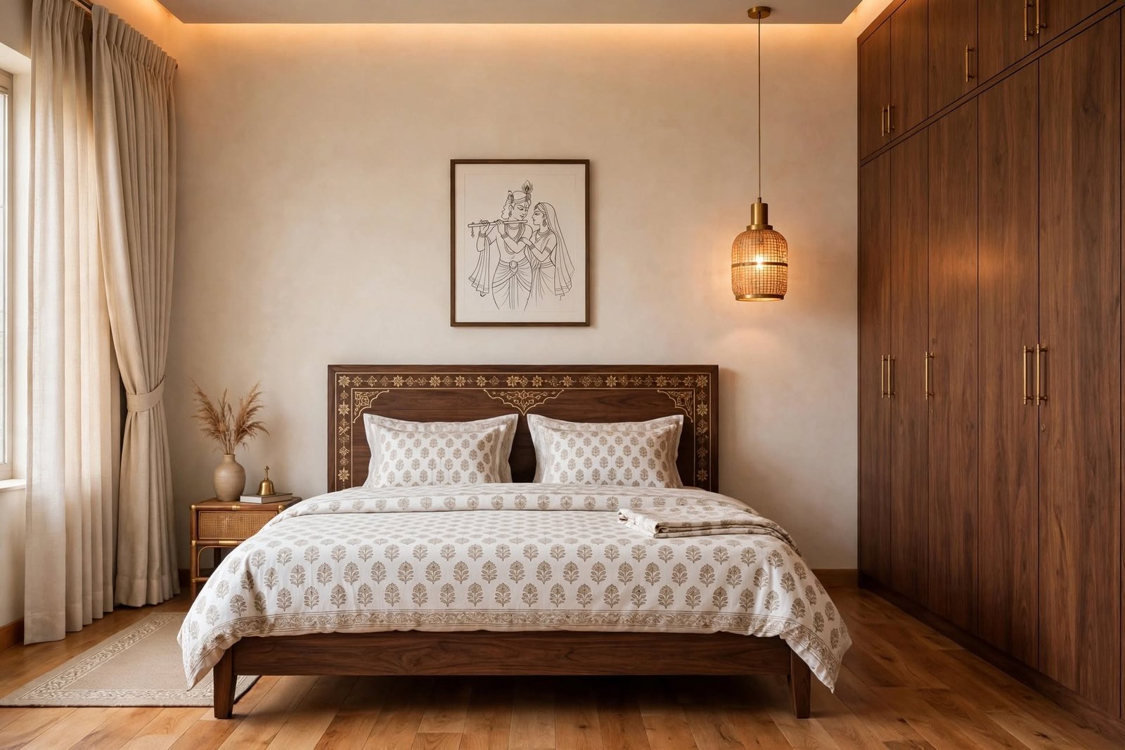 Walnut and brass master bedroom interior design by Devoguein in Noida